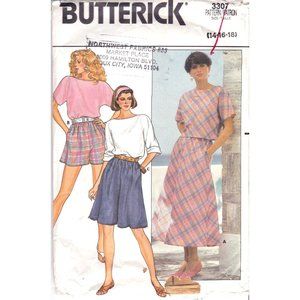 Vintage Sewing PATTERN Butterick 3307, Misses 1985 Top Skirt Culottes and Shorts